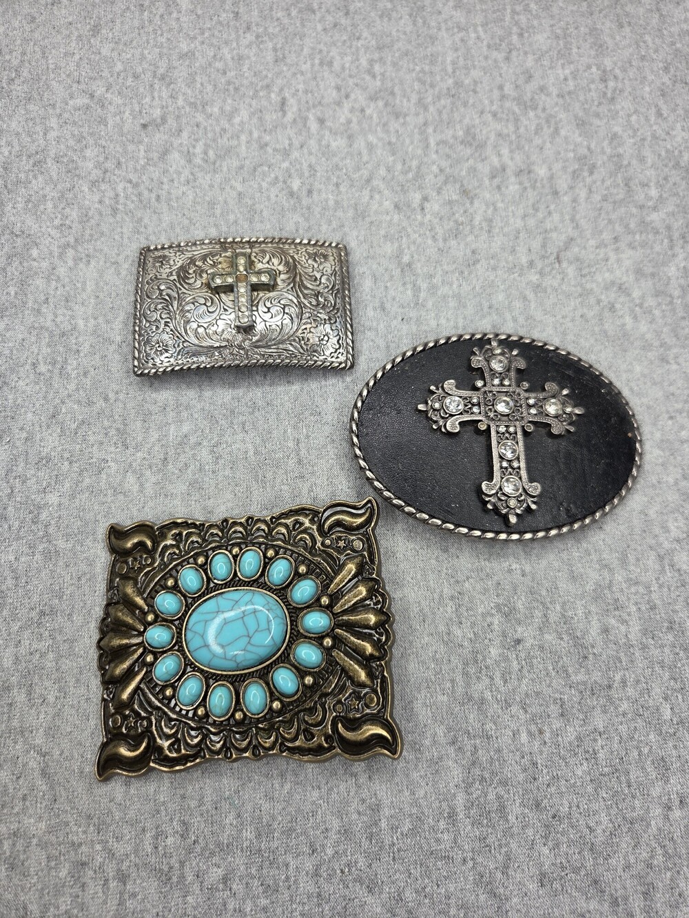Vintage Lot of 3 Womens Cross and Turquoise Western Belt Buckles Silver